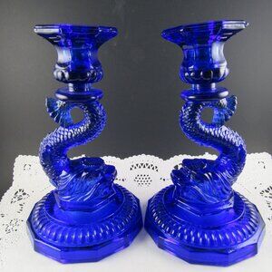 SET OF 2 RARE MOSSIER COBALT BLUE GLASS CANDLESTICKS CANDLE HOLDER KOI FISH
